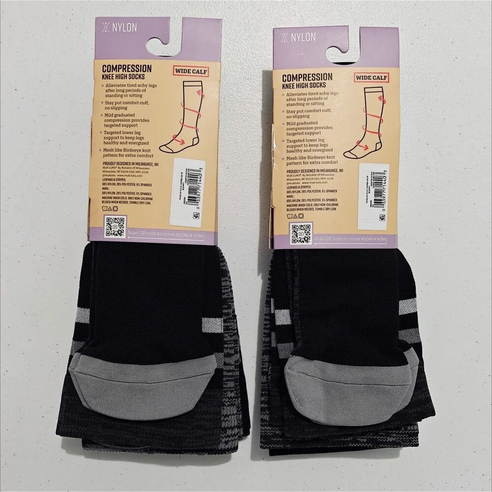 New MUK LUKS 3-Pair Women's WIDE Calf Compression Knee High Socks Striped Nylon